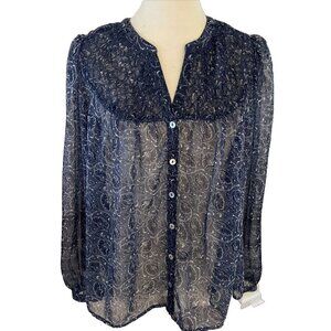 Lucky Brand Womens Peasant Blouse Tunic Size S Button Front Smocked Boho Navy